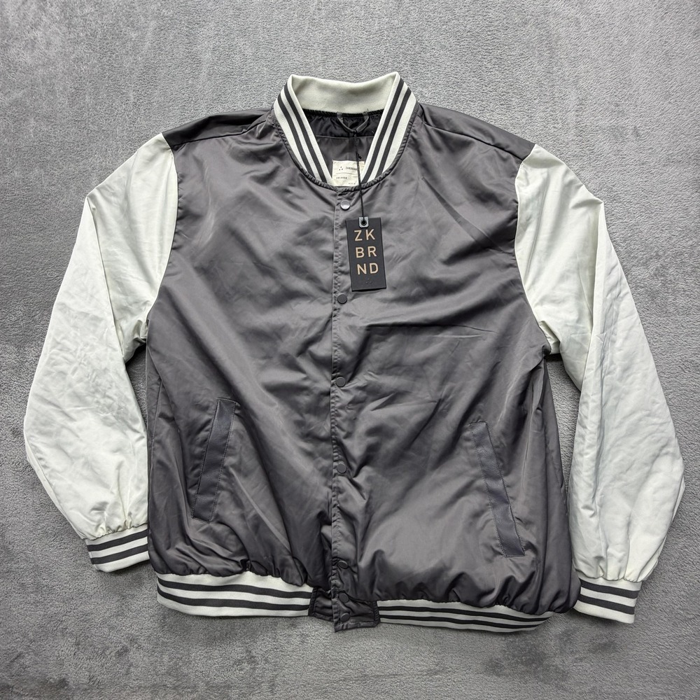 Zakbrand Jacket Mens 2XL Charcoal Satin Bomber Snap Frontβ Varsity Striped Trim